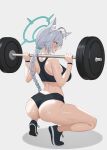 1girl absurdres animal_ear_fluff animal_ears ass black_shoes black_shorts black_sports_bra blue_archive blue_eyes blue_halo blush breasts cawl commentary cross_hair_ornament dolphin_shorts dumbbell english_commentary exercising grey_hair hair_ornament halo highres holding holding_dumbbell large_breasts long_braid open_mouth shiroko_terror_(blue_archive) shoes short_shorts shorts solo sports_bra squatting sweat wolf_ears wolf_girl 