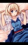  alice_margatroid bad_id bad_pixiv_id bed_sheet blonde_hair blue_dress blue_eyes buttons capelet dress frilled_skirt frills hairband highres letterboxed looking_at_viewer lying on_back open_mouth s-syogo sash short_hair skirt solo touhou 