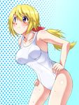  blonde_hair charlotte_dunois hands_on_hips highres infinite_stratos kawamura_river long_hair one-piece_swimsuit purple_eyes school_swimsuit solo swimsuit wet white_school_swimsuit white_swimsuit 