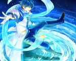  1boy black_pants blue_eyes blue_hair blue_nails blue_scarf boots coat collar commentary_request cowlick creamyya crossed_arms energy floating floating_scarf foreshortening glowing headphones headset kaito_(vocaloid) kaito_(vocaloid3) knee_boots legs_apart long_sleeves looking_down male_focus open_hand open_mouth pants ripples scarf see-through_clothes short_hair solo spread_fingers star_(sky) star_(symbol) starry_sky_background vocaloid water white_coat zipper 
