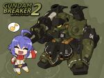  1girl ^_^ ahoge arm_shield ascot beam_cannon blue_hair camouflage chibi closed_eyes copyright_name duel_gundam earrings eighth_note event_mc_(gundam_breaker_2) fang full_body geara_doga gm_command gundam_breaker gundam_breaker_2 highleg highleg_leotard holding holding_microphone jacket jewelry kampfer_(mobile_suit) leotard long_sleeves mecha microphone mobile_suit musical_note one-eyed open_clothes open_jacket open_mouth original red_ascot redesign robot shield shoes shoulder_spikes sleeves_past_wrists smile speech_bubble spikes spoken_musical_note standing the_o_(mobile_suit) thighhighs white_jacket white_leotard white_thighhighs yellow_eyes yellow_shoes yuichirou zaku_ii zoom_layer 