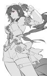  1girl arm_up armpit_crease bare_shoulders belt_buckle black_hair bow braid braided_ponytail breasts buckle closed_mouth commentary crow0cc detached_sleeves feet_out_of_frame final_fantasy final_fantasy_vii final_fantasy_vii:_ever_crisis floating_hair frills greyscale highres large_breasts long_hair monochrome official_alternate_costume own_hands_together red_eyes see-through_clothes see-through_sleeves shorts smile solo spot_color thigh_strap tifa_lockhart untranslatable_commentary white_background 