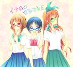  blue_eyes blue_hair blue_skirt braid brown_hair glasses green_eyes green_skirt hair_ribbon hair_tubes hairband inazuma_eleven_(series) inazuma_eleven_go long_hair multiple_girls muzuki_uruu pleated_skirt purple_eyes raimon raimon_school_uniform red_hair ribbon school_uniform seto_midori short_hair skirt smile sorano_aoi twin_braids yamana_akane 