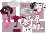 101_dalmatian_street 101_dalmatians belt black_belt black_body black_fur black_nose black_spots bottomwear canid canine canis clothing collar collar_tag cosplay crossover crossover_cosplay dallas_(101_dalmatians) dalmatian dante_(101_dalmatians) diamond_collar_tag disney domestic_dog dylan_(101_dalmatians) female feral fur gloves grey_nose group handwear hi_res male mammal pink_clothing pink_collar pink_gloves pink_handwear pink_spots purple_bottomwear purple_clothing purple_skirt red_collar shezow shezow_(character) skirt spanish_text spots star_collar_tag text trio triple_d_(101_dalmatians) voice_actor_joke wanderer-w0olf white_body white_fur
