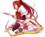  bad_id bad_pixiv_id black_legwear bow food hair_bow highres long_hair magical_girl mahou_shoujo_madoka_magica mouth_hold ovos pocky polearm ponytail red_eyes red_hair sakura_kyouko simple_background solo thighhighs weapon white_background 