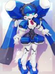  1girl android bamboocyano belt blazermate blue_eyes breasts commentary_request highres humanoid_robot joints mechanical_hair medarot medium_breasts no_mouth no_nose o-ring o-ring_belt robot robot_girl robot_joints science_fiction solo twintails 