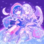  2girls absurdres alternate_costume artist_name black_dress book capelet closed_eyes closed_mouth commentary_request crescent crescent_hair_ornament crescent_moon doremy_sweet dress feathered_wings frilled_sleeves frills grey_hair grey_wings hair_ornament hat highres holding holding_book kishin_sagume koharustuki leaning_on_person long_sleeves moon multiple_girls neck_ribbon nightcap open_book pillow pink_dress pink_socks pixel_art pom_pom_(clothes) purple_eyes purple_hair red_hat red_ribbon ribbon single_wing sleeping sleeping_on_person smile socks star_(sky) touhou two-tone_dress white_capelet white_dress white_socks wings yuri 