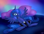  collar cushion equine female feral friendship_is_magic hair horn horse legwear long_hair looking_at_viewer lying mammal my_little_pony on_back pony princess_luna_(mlp) skirt smile solo sorcerushorserus stockings tail winged_unicorn wings 