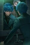  1boy absurdres black_eyes blue_hair broken_mirror closed_mouth coat commentary_request faldeus_dioland fate/strange_fake fate_(series) faucet highres lapels long_sleeves looking_at_mirror mirror muneomon_(takomon) reflection short_hair skeleton true_assassin_(fate/strange_fake) turtleneck 