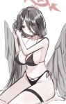  1girl absurdres barefoot bikini black_bikini black_choker black_hair blue_archive boco_(bocoboco0) breasts choker commentary_request eyes_visible_through_hair full_body grey_wings hair_over_one_eye halo hands_up hasumi_(blue_archive) hasumi_(swimsuit)_(blue_archive) highres large_breasts long_bangs long_hair navel parted_bangs parted_lips red_eyes red_halo seiza side-tie_bikini_bottom sitting sketch solo stomach swimsuit thigh_strap tying_hair wings 