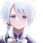  1girl ameria_(artist) animal_ears blue_eyes blue_gem blue_hair blue_jacket blush bow closed_mouth commentary_request ear_covers gem hair_between_eyes highres horse_ears horse_girl jacket k.s.miracle_(prism)_(umamusume) k.s.miracle_(umamusume) looking_at_viewer portrait short_hair smile solo umamusume white_bow 