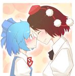  blush cirno closed_eyes face face-to-face forehead-to-forehead friends multiple_girls shameimaru_aya shirousagi_uyu smile touhou 