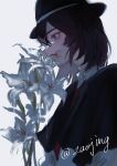  1girl absurdres ambiguous_red_liquid black_capelet black_hat brown_eyes brown_hair capelet collared_shirt flower flower_to_mouth from_side hat highres jsnttzzj latin_commentary lily_(flower) medium_hair necktie red_necktie shirt smelling smelling_flower solo touhou twitter_username usami_renko white_background white_flower white_lily white_shirt 