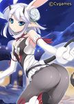  animal_ears ass bare_shoulders blue_eyes elbow_gloves gloves horns lilim_rimiru looking_back mel/a pantyhose shingeki_no_bahamut solo tail watermark white_hair 