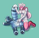 2026 ailurid ambiguous_gender animate_inanimate anthro artist_name birdpaw_(artist) blue_body blue_eyes blue_latex blue_tail bodily_fluids boots breastss bulge clothing dated dipstick_tail duo eyewear feral footwear full-length_portrait gas_mask glasses goggles grin gynomorph gynomorph/ambiguous hair hand_on_another's_tail hand_on_tail hat headgear headwear hi_res hypnotic_visor inflatable intersex intersex/ambiguous kneeling latex leg_markings living_inflatable living_pool_toy lying mammal markings mask medfet medical multicolored_latex nurse nurse_clothing nurse_hat nurse_headwear on_front pink_boots pink_clothing pink_eyewear pink_footwear pink_goggles pink_hair pink_latex pink_mask pink_tail pool_toy portrait red_panda shoes simple_background smile socks_(marking) striped_markings striped_tail stripes sweat sweatdrop tail tail_markings teal_background teeth text trans_(lore) trans_woman_(lore) white_body white_clothing white_hat white_headwear white_latex white_tail_tip white_text