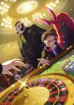  6+boys black-framed_eyewear black_hair black_suit casino collared_shirt commentary_request corbeau_(pokemon) glasses hand_on_own_chin highres jacket light_fixture male_focus mohawk multiple_boys necktie parted_hair philippe_(pokemon) pokemon pokemon_(creature) pokemon_legends:_z-a poker_chip purple_hair purple_shirt roulette roulette_table round_eyewear rust_syndicate_grunt scolipede shirt short_hair short_sideburns sideburns sitting slit_pupils smile standing suit suit_jacket table throwing yellow_eyes yellow_necktie yukari_(yukari21653710) 