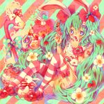  animal_ears aqua_eyes blush bow bunny bunny_ears eisuu flower food fruit garter_straps green_hair hair_bow hatsune_miku heart heart-shaped_pupils licking long_hair open_mouth sitting solo strawberry strawberry_blossoms striped striped_background striped_legwear sweets symbol-shaped_pupils thighhighs tongue twintails very_long_hair vocaloid 
