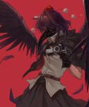  1girl 320tbsyc absurdres belt belt_buckle bird_wings black_gloves black_skirt black_wings breasts brown_belt buckle camera chinese_commentary collared_shirt commentary_request cowboy_shot crow_mask feathered_wings gloves hat highres holding holding_camera medium_hair plague_doctor_mask pom_pom_(clothes) purple_hair red_background red_hat shameimaru_aya shirt simple_background skirt small_breasts solo tokin_hat touhou white_shirt wings 