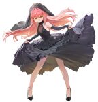 1girl absurdres armpit_peek black_dress black_shoes black_sleeves black_veil breasts cleavage clothes_lift commentary_request covered_navel detached_sleeves dress dress_lift floating_hair full_body green_eyes grin hair_ornament hairclip hanako_nana high_heels highres jeongdang_geolae korean_commentary layered_dress legs_apart long_hair looking_at_viewer medium_breasts multicolored_hair parallel_hairclips pink_hair pumps shoes simple_background sleeveless sleeveless_dress smile solo standing stellive streaked_hair veil virtual_youtuber white_background wispy_bangs x_hair_ornament 