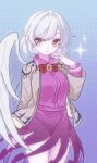  1girl absurdres blush bow bowtie braid breasts commentary dress feathered_wings grey_hair grey_wings half_up_braid highres jacket kishin_sagume koharustuki long_sleeves looking_at_viewer medium_breasts open_clothes open_jacket pixel_art purple_dress red_bow red_bowtie single_wing solo touhou wings 