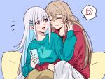  2girls =_= absurdres animal_print aqua_sweater bird_print black_shirt blue_background blush brown_hair brown_skirt cellphone character_print closed_mouth collarbone commentary_request feet_out_of_frame frown furen_e_lustario hair_ornament hairclip highres holding holding_phone hood hooded_jacket hug hug_from_behind jacket kougi_hiroshi lize_helesta long_hair long_sleeves looking_at_another multiple_girls nijisanji notice_lines open_clothes open_jacket pants parallel_hairclips phone print_sweater red_jacket sebastian_piyodore shirt simple_background skirt smartphone split_mouth spoken_squiggle squiggle sweater tears very_long_hair virtual_youtuber white_pants yuri 