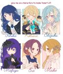  6+girls aqua_ribbon asahina_mafuyu azusawa_kohane black_dress black_flower black_jacket black_ribbon blonde_hair blue_hair blue_sailor_collar blush braid brown_eyes brown_hair character_name closed_eyes collared_shirt column_lineup commentary contrast_lapels dress english_text epaulettes flower frilled_dress frills fur-trimmed_jacket fur_trim green_dress grid_lineup hair_between_eyes hair_flower hair_ornament hair_ribbon hairband hand_on_own_chest hand_up hands_up highres hinomori_shizuku holding holding_microphone hoshino_ichika_(project_sekai) jacket kizu_darake_no_te_de_watashi-tachi_wa_(project_sekai) kono_matsuri_ni_yuuyami_iro_mo_(project_sekai) lapels long_hair long_sleeves looking_at_viewer majiwaru_iro_wa_ano_hi_no_mama_ni_(project_sekai) majiwaru_senritsu_tomoru_nukumori_(project_sekai) medium_hair meiko_(vocaloid) microphone mole mole_under_mouth multiple_drawing_challenge multiple_girls neck_ribbon no_pupils official_alternate_costume official_alternate_hairstyle open_clothes open_jacket open_mouth parted_bangs pink_dress profile project_sekai purple_eyes purple_hair ribbon sailor_collar same_dreams_same_colors_(project_sekai) shinonome_ena shirt short_hair side_braid sidelocks simple_background six_fanarts_challenge sleeveless sleeveless_dress smile snowflake_hair_ornament swept_bangs the_coconutnut turning_pain_into_drive_(project_sekai) twintails twitter_username upper_body vocaloid white_background 