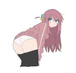  ahoge arataka_(a_fd94) ass black_thighhighs blue_eyes blush bocchi_the_rock! closed_mouth commentary_request cube_hair_ornament gotoh_hitori hair_ornament highres leaning_forward long_hair long_sleeves looking_at_viewer looking_back no_pants panties pink_hair pink_track_suit simple_background thighhighs track_suit turning_head underwear white_background white_panties 