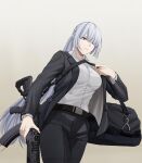  1girl ak-15 ak-15_(erwin)_(girls'_frontline) ak-15_(girls'_frontline) artist_name assault_rifle bag belt black_belt black_jacket black_pants breasts brown_background closed_mouth collared_dress commentary commission dress dress_shirt duffel_bag english_commentary girls'_frontline gradient_background gun gun_sling hair_over_one_eye highres holding holding_gun holding_weapon jacket kalashnikov_rifle long_hair matsu_arts official_alternate_costume open_clothes open_jacket pants ponytail red_pupils rifle shirt solo twitter_username weapon white_shirt 