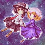  bad_id bad_pixiv_id black_hair blonde_hair brown_eyes chibi dress hat kureha_goya maribel_hearn multiple_girls necktie open_mouth purple_eyes short_hair skirt smile touhou usami_renko 