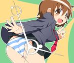  ass blazer brown_eyes brown_hair jacket kill_me_baby looking_back mirakichi necktie oribe_yasuna panties school_uniform solo striped striped_panties underwear v 