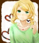  alternate_hairstyle blonde_hair face green_eyes hair_ornament hairclip jewelry kagamine_rin looking_at_viewer necklace piku_(pikumin) short_hair solo twintails vocaloid 
