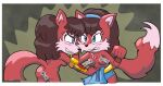 17:9 alpha_channel angry anthro archie_comics assisted_exposure bisonvega black_nose blue_bottomwear blue_clothing blue_eyes blue_hairband blush blush_lines bottomwear breasts brown_eyebrows brown_hair butt canid canine canis censored censored_nipples clenched_teeth clothed clothing dipstick_tail duo embarrassed eyebrows eyelashes female female/female fight fist front_view fur grin hair hi_res leeta_wolf lyco_wolf mammal markings nude onomatopoeia owo pink_body pink_fur pink_tail_tip pulling_down_top raised_fist raised_hand rear_view red_body red_fur red_tail sega sibling_(lore) sister_(lore) sisters_(lore) smile smirking_at_another sonic_the_hedgehog_(archie) sonic_the_hedgehog_(comics) sonic_the_hedgehog_(series) sound_effects tail tail_markings teeth text topless topless_anthro topless_female twins_(lore) undressing undressing_another wolf wolf_tail