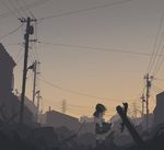  bad_id bad_pixiv_id black_hair black_legwear brown_hair cityscape from_behind hanno kneehighs lamppost original pole post-apocalypse power_lines ruins school_uniform serafuku short_hair sketch skirt sky skyline solo standing twilight wind 