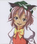  animal_ears bad_id bad_pixiv_id brown_eyes brown_hair cat_ears chen earrings hat highres jewelry marker_(medium) open_mouth s-syogo scan scan_artifacts shikishi smile solo touhou traditional_media 