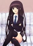  bad_id bad_pixiv_id black_hair black_legwear crossed_arms crossed_legs grin highres inu_x_boku_ss legs long_hair looking_at_viewer necktie no_pants open_mouth purple_eyes shirakiin_ririchiyo sitting smile solo thighhighs thighs utakata_(kochou_no_yume) very_long_hair zettai_ryouiki 