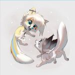 1:1 2023 ambiguous_gender azzai black_bracelet black_markings blonde_hair blue_eyes blue_nose blue_pawpads blue_tongue bracelet canid canine cheek_tuft chibi collar colored digital_drawing_(artwork) digital_media_(artwork) duo ear_piercing eye_contact eyelashes facial_tuft fangs feral feral_with_hair fox fur hair jewelry looking_at_another mammal markings mole_under_eye open_mouth open_smile pawpads piercing pink_nose rear_view shaded short_hair simple_background smile tail teeth tongue tuft white_body white_fur white_pawpads yellow_body yellow_fur