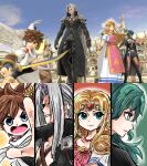  2boys 2girls angel angel_wings armor blonde_hair blue_eyes bow_(weapon) brown_hair female_byleth_(fire_emblem) final_fantasy final_fantasy_vii fire_emblem fire_emblem:_three_houses game_screenshot_inset green_eyes green_hair grey_hair highres holding holding_bow_(weapon) holding_sword holding_weapon kicdon kid_icarus kid_icarus_uprising looking_at_viewer masamune_(ff7) multiple_boys multiple_girls open_mouth palutena_bow_(kid_icarus) pauldrons pit_(kid_icarus) pointy_ears princess_zelda screenshot_inset sephiroth shaded_face shoulder_armor super_smash_bros. sword the_legend_of_zelda the_legend_of_zelda:_a_link_between_worlds triforce weapon wings 