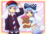  1boy animal_ears blue_eyes blue_hair bow cinnamon_(cinnamoroll) cinnamoroll crossdressing dog dog_ears dog_tail dual_persona hair_bow hat highres oginy open_mouth personification plate sanrio short_hair smile stuffed_animal stuffed_toy tail trap twintails underwear uniform 