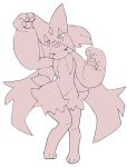 3_fingers ambiguous_gender anthro claws finger_claws fingers flower_(anatomy) generation_9_pokemon jagged_mouth mask meowscarada monochrome nintendo open_mouth pawpads pokemon pokemon_(species) rawr simple_background solo standing tail white_background white_sclera yakiniku628
