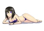  arm_support bikini black_hair breasts cleavage gia lying medium_breasts purple_eyes shiny shiny_skin solo swimsuit wristband 