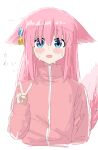  1girl absurdres animal_ears blue_eyes blush_stickers bocchi_the_rock! choppy_bangs commentary cube_hair_ornament droopy_ears gotoh_hitori hair_ornament hand_up highres jacket long_hair looking_at_viewer open_mouth pink_hair pink_jacket pink_tail simple_background sketch smile solo straight-on straight_hair sweat tail te_raria track_jacket v white_background 
