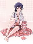  absurdres bakemonogatari bandages barefoot bike_shorts black_hair book bracelet brown_eyes feet highres jewelry kanbaru_suruga md5_mismatch monogatari_(series) necktie short_hair smile solo suspenders toes yoshikawa_kazunori 