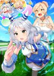  2girls animal_ears blank_eyes blonde_hair blue_sky breasts cleavage collarbone commentary_request day detached_sleeves dress dripping_eye ear_covers fang grey_hair hair_between_eyes hair_bun highres hishi_miracle_(miracle_make-up!)_(umamusume) hishi_miracle_(umamusume) holding horse_ears horse_girl jewelry kitiku large_breasts medium_breasts multiple_girls multiple_rings necklace nijisanji nui_sociere nui_sociere_(2nd_costume) open_mouth orange_eyes parted_bangs ring running shirt short_hair sidelocks skin_fang sky sleeveless sleeveless_dress sleeveless_shirt umamusume upper_body virtual_youtuber watch water white_dress white_shirt white_sleeves wristwatch 