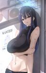  1girl absurdres arm_under_breasts asao_(asaomm12345) bare_shoulders black_shirt blue_archive blue_eyes blue_hair blue_halo breasts colored_inner_hair commentary_request crop_top electric_fan halo hand_on_own_arm highres industrial_pipe injury large_breasts long_hair multicolored_hair navel no_mask saori_(blue_archive) shirt solo stomach toned wanted_poster 