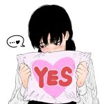  ... 1girl averting_eyes black_hair blush chainsaw_man commentary_request heart highres holding holding_pillow isuke_(isuke_now) long_sleeves mitaka_asa pillow shirt simple_background solo spoken_ellipsis spoken_heart sweatdrop upper_body white_background white_shirt yes yes-no_pillow 