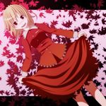  aki_shizuha bad_id bad_pixiv_id blonde_hair highres leaf open_mouth red_eyes s-syogo skirt skirt_lift smile solo touhou 