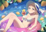  1girl absurdres amanegi_toro aqua_eyes artist_name bare_arms bare_legs bare_shoulders bikini blue_bow blue_pupils blue_ribbon blurry blurry_foreground bob_cut bow breasts brown_hair bubble cleavage closed_mouth collarbone commentary_request cup drink drinking drinking_glass drinking_straw drinking_straw_in_mouth feet_out_of_frame food frilled_bikini frilled_innertube frills front-tie_bikini_top front-tie_top fruit fruit_on_liquid hand_up hat hat_bow hat_ribbon highres holding holding_cup holding_drink hurricane_glass ice ice_cube innertube instagram_username juice large_breasts legs lemon lemon_slice light_particles looking_at_viewer making-of_available multi-source_commentary on_innertube orange_nails original ribbon short_bangs short_hair solo sparkle stomach sun_hat swim_ring swimsuit threads_username twitter_username water wavy_hair white_bikini white_hat 