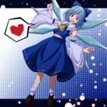  bad_id bad_pixiv_id blue_dress blue_eyes blue_hair blush bow cirno cosplay detached_sleeves dress hair_bow hakurei_reimu hakurei_reimu_(cosplay) heart highres letterboxed long_sleeves midriff navel open_mouth outside_border s-syogo smile solo spoken_heart touhou wings 