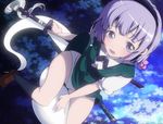  absurdres bad_revision black_hairband blue_eyes bow bowtie breath downscaled_revision dress_shirt hairband highres konpaku_youmu konpaku_youmu_(ghost) looking_at_viewer md5_mismatch no_pants open_mouth panties parabora_(nipplemokuba) riding scabbard sheath sheathed shirt short_hair silver_hair sitting skirt solo sword touhou underwear vest weapon white_panties 