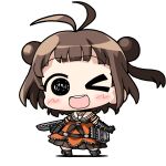  1girl antenna_hair black_gloves black_neckerchief black_skirt brown_hair chibi chibi_only double_bun gloves hair_bun kantai_collection naka_(kancolle) neckerchief one_eye_closed open_mouth orange_shirt rigging round_teeth sailor_collar sailor_shirt school_uniform serafuku shirt short_hair simple_background skirt solid_oval_eyes solo standing teeth torpedo_launcher upper_teeth_only white_background white_sailor_collar yagumo_kengou 